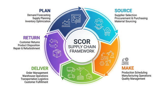 SCOR supply chain framework infographic, circular logistics process diagram, business management strategy chart for planning and sourcing