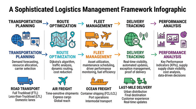 Logistics management framework infographic, supply chain process flow chart, transportation planning and fleet management diagram