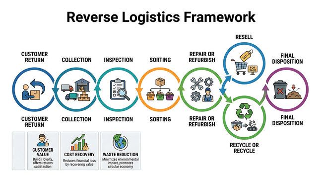 Reverse logistics framework diagram, circular supply chain process flow, sustainable business management infographic for product returns