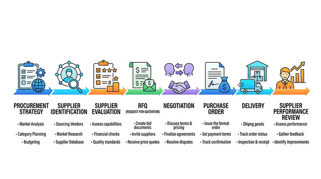 Procurement strategy process infographic, supplier identification and evaluation workflow, business RFQ and purchase order lifecycle