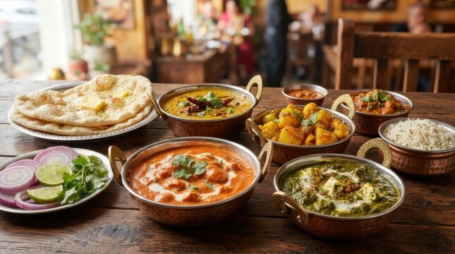 Assorted Indian curries with naan bread and rice on wooden table