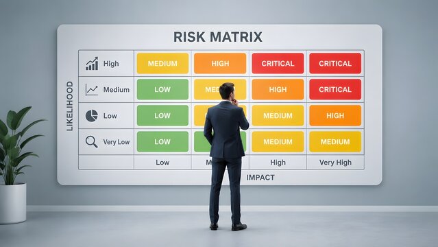 Corporate risk matrix assessment with business professional analyzing project hazard impact and probability likelihood