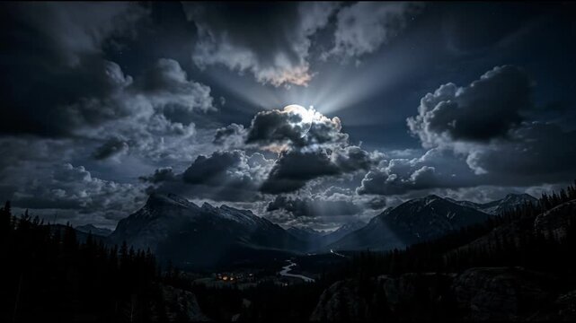 Bright full moon shining through dark clouds over a mountain valley. Eerie midnight atmosphere evoking mystery and exploration. Halloween 2026 seasonal horror backdrop and design concept.
