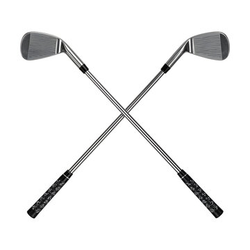 Golf clubs crossed together representing a professional sports equipment set featuring metallic iron heads and textured black rubber grips&nbsp;