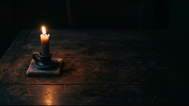 A lit candle burning in a dark holder on a rustic wooden table. creating a spooky and mysterious nocturnal atmosphere. Halloween 2026 darkness and eerie celebration concept.