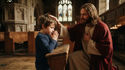 Fototapeta premium Young boy praying at church pew with spiritual figure blessing him