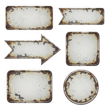 Set of vintage rusty metal signs and frames isolated on transparent background