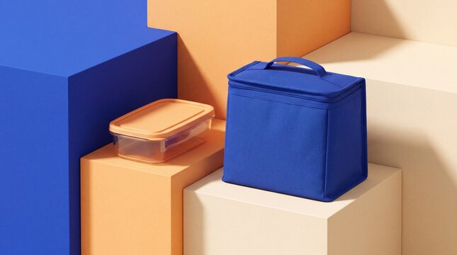 lunch container design, a minimalist still life featuring a plain insulated lunch bag next to a reusable container on colorful geometric surfaces