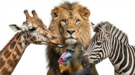 Fototapeta premium Group of wild African animals including lion, giraffe, zebra and mandrill