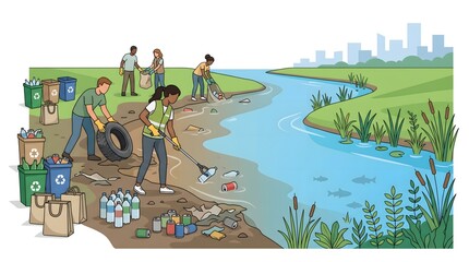 Fototapeta premium Diverse group of volunteers cleaning up river bank with trash, bottles, and tire for recycling.