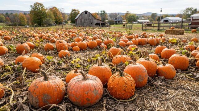 Large pumpkin patch field in autumn countryside with old barn
