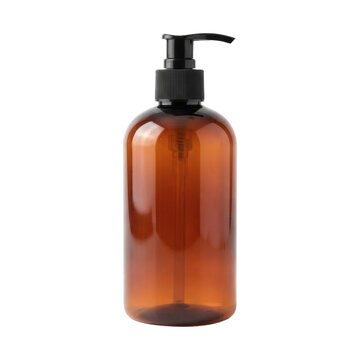 Blank amber plastic soap dispenser with black pump top for liquid soap or lotion, empty and ready for branding,