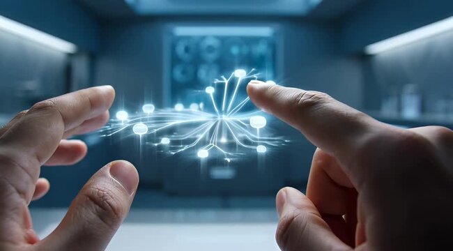 Hands interact with glowing digital network interface technology abstract data flow and future connectivity