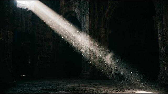Bright sunbeam shining through darkness inside an ancient stone castle. Spooky supernatural spirit manifesting in haunted gloom. Halloween 2026 mystery horror thriller concept theme.