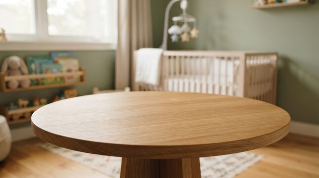 Wooden round table in cozy baby nursery interior