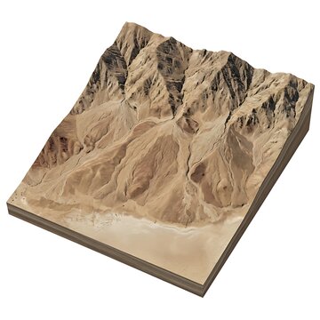 An isolated 3D cross section model of a dry arid desert mountain landscape with rocky peaks