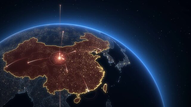 China map on night earth with glowing connection lines spreading from a central hub