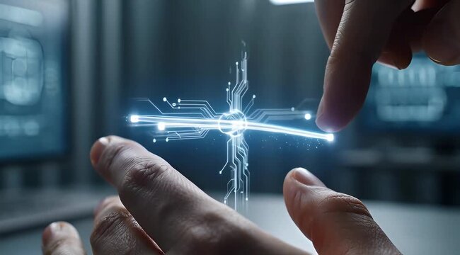 Hands interacting with glowing digital network data interface and futuristic wireframe technology visualization