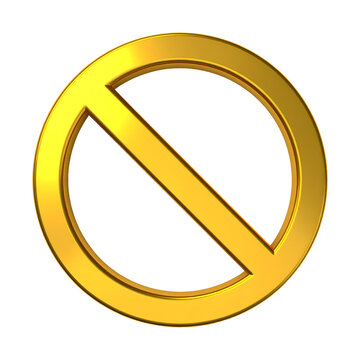 Golden prohibition sign featuring a metallic circular forbidden icon with a diagonal slash isolated in 3D on transparent background