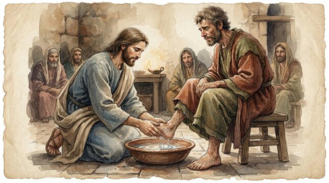 Watercolor illustration of Jesus washing feet of disciple indoors