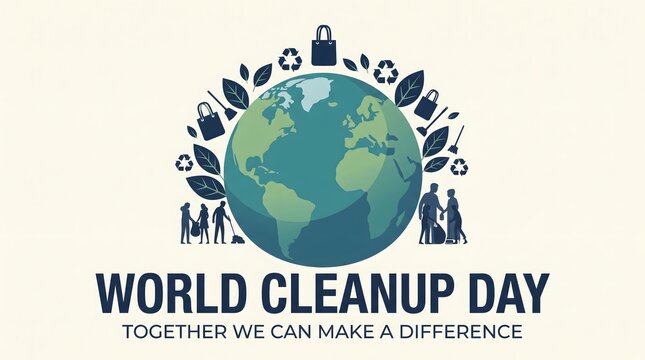 World cleanup day with globe and people cleaning for environmental protection and collective action together.