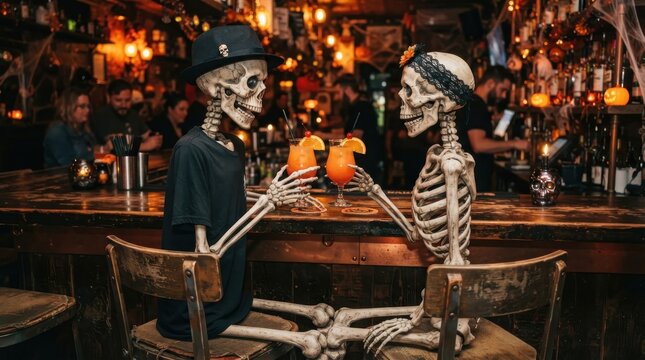 Two skeletons having cocktails at a bar during Halloween celebration