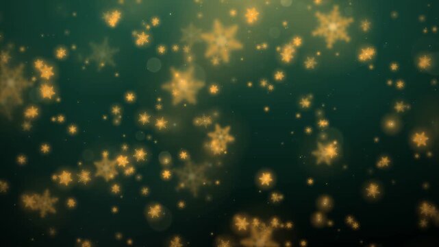 Golden snowflake particles falling on dark green motion background seamless loop