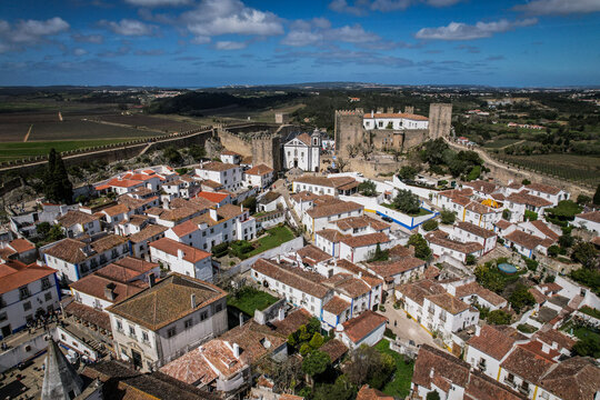 Obidos Medieval Town and Castle Wall Overlooking Portuguese Countryside
