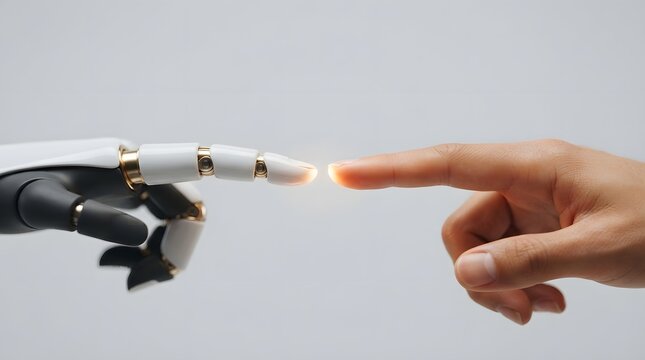 Close up of a robotic finger touching a human finger to represent the intersection of advanced technology and human evolution and artificial intelligence