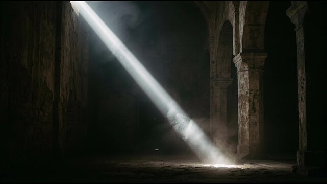 A bright beam of light shines into a dark stone vault interior. Eerie atmospheric smoke creates a mysterious spooky mood. Halloween 2026 spiritual dark fantasy horror concept.
