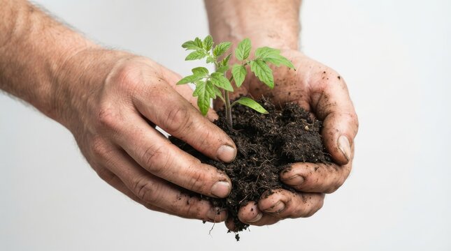 Hands holding a small green plant seedling with soil