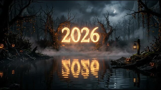 Fiery 2026 glowing sign standing in a spooky dark swamp at night. Creepy mist rising from black water and glowing jack o lanterns. Halloween 2026 spooky eerie holiday festival greeting.