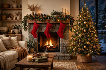 Fototapeta premium Cozy Christmas living room with fireplace and stockings and tree