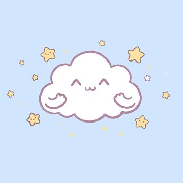 Cute Kawaii Cloud Character and Smiling Stars Illustration