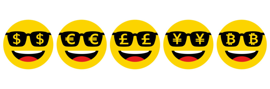 set of smile emoticons wear dark sunglasses with money sign on white.