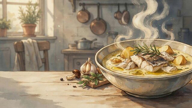 A national dish of Italian cuisine. 
Minestra di stoccafisso e patate &mdash; a soup made from dried cod (stoccafisso) with potatoes, tomatoes, olives, pine nuts, and spices. Photo with space for text. 