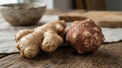 Fototapeta premium Fresh ginger root and Jerusalem artichoke on rustic wooden table