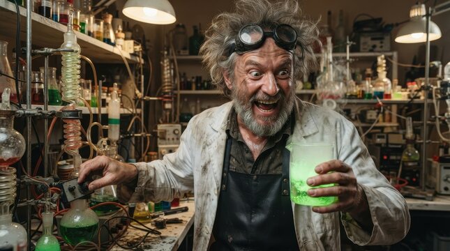 Crazy mad scientist holding glowing green chemical beaker in laboratory