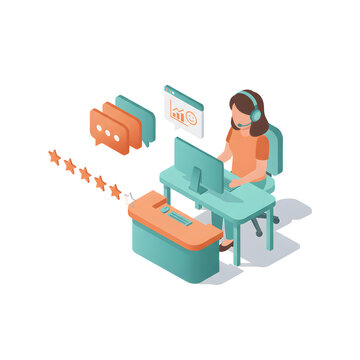 Isometric customer support agent with headset and five star rating feedback icon