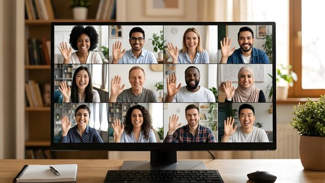 Diverse group of people waving during a virtual meeting on a computer screen