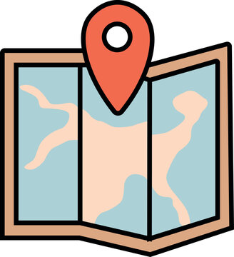 Folded map icon with location pin marker illustration for navigation, route planning, GPS, travel apps, destination search and location services design