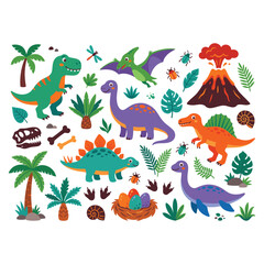 Cute cartoon dinosaur collection with volcanic landscape. © Amir