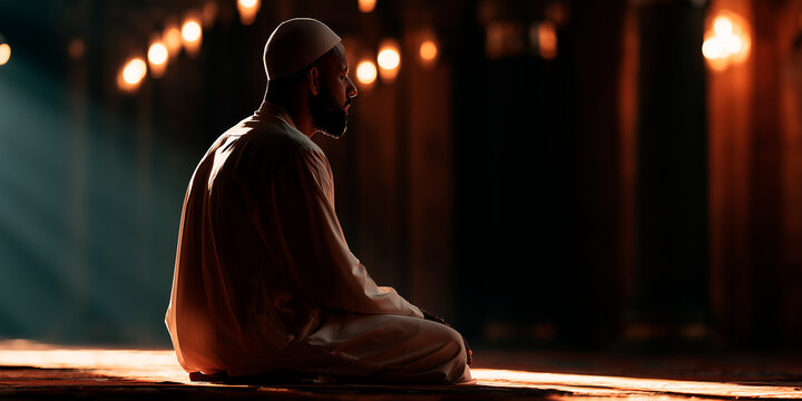 Religious muslim man praying inside the mosque