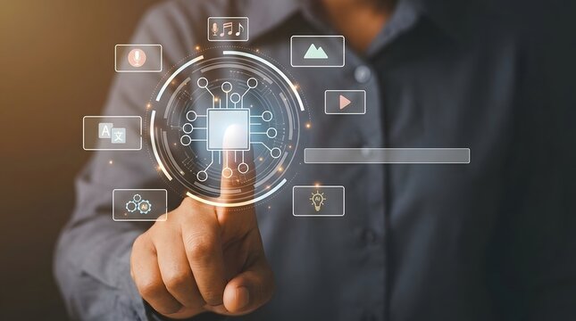 Businessman touching virtual screen with digital technology icon, artificial intelligence and innovative smart system concept