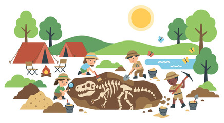 Naklejka premium Colorful dinosaur excavation site camp educational art.