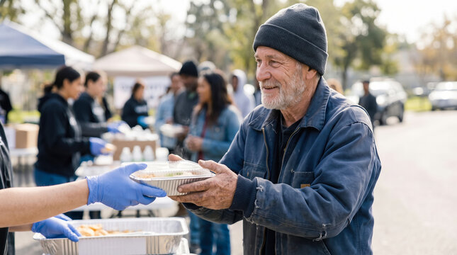 People gather in the park to provide meals to those in need. A man receives food handed to him by a volunteer wearing gloves. Many others help prepare and serve food