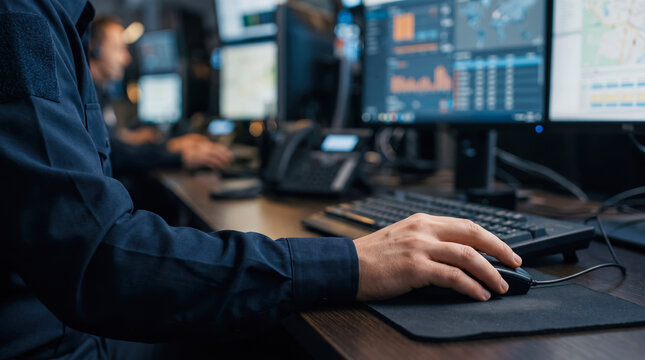 Dispatcher sit at desks working on computers using mouse and keyboard. Male 911 worker in uniform working at multi monitor dispatch station