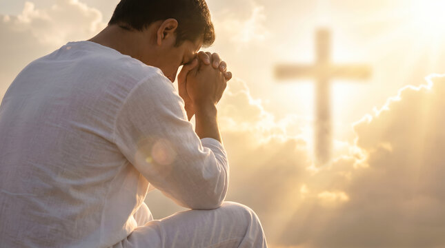 A man sits with his hands clasped in prayer. He is in a white outfit and looks toward a bright cross in the clouds. The time is sunset and the scene looks spiritual