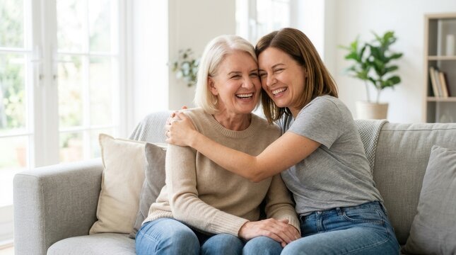 Grownup millennial woman hugging her old mom on a couch, sharing a happy moment of love and care at home.