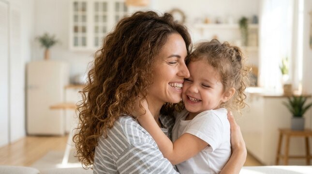 Close up side view of an adorable preschool girl kid and happy mum cuddling and laughing with joy